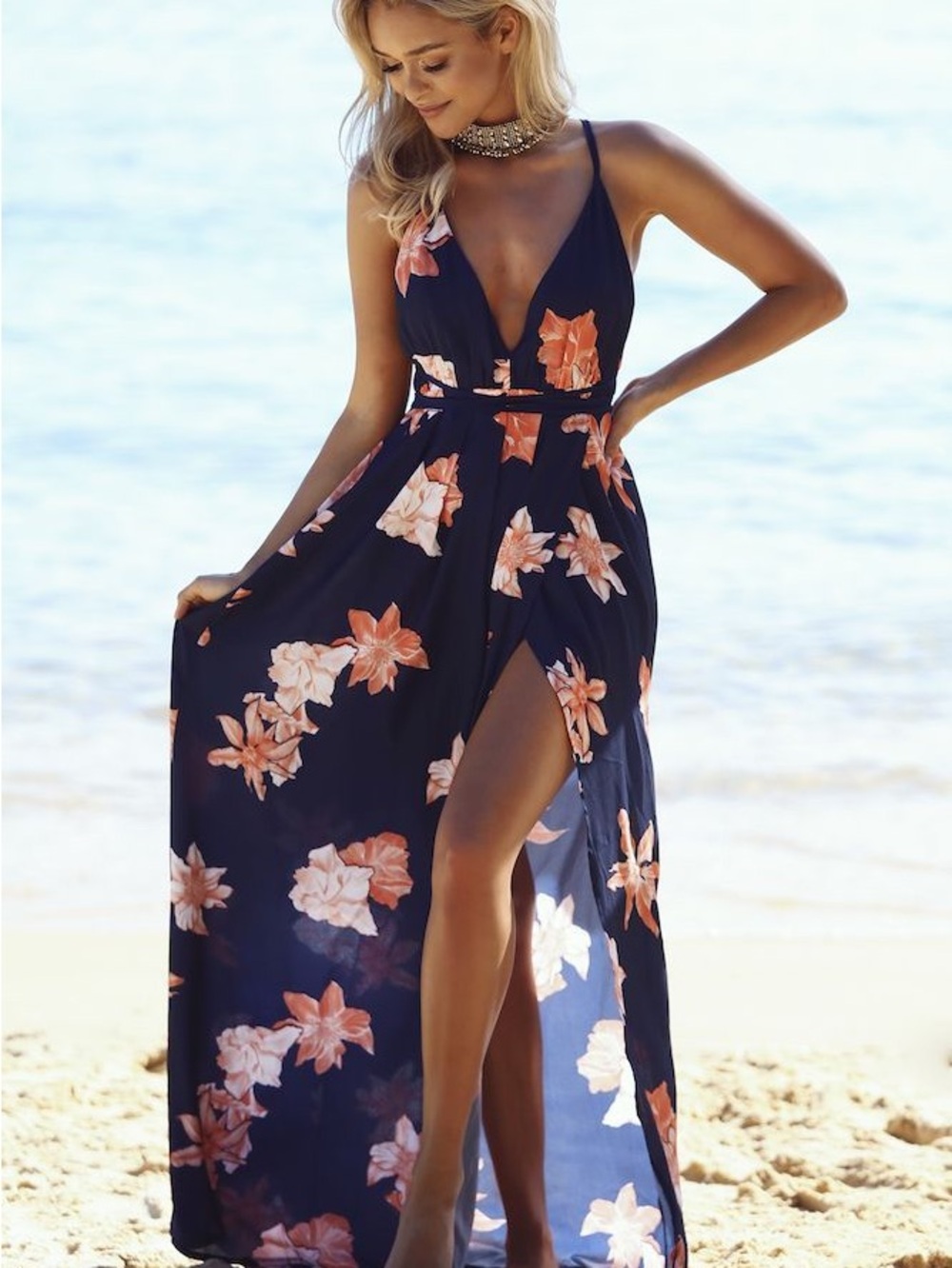 Navy Floral V-Neck Maxi Dress with Side Slit